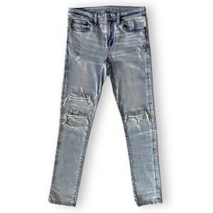 American Eagle Airflex 360 Distressed Patched Skinny Jeans - Blue Light Wash‍‍‍‍